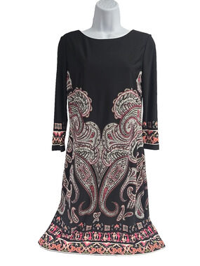 INC International Concepts Dress Womens Black Pink Paisley Stretch Shift Size 4